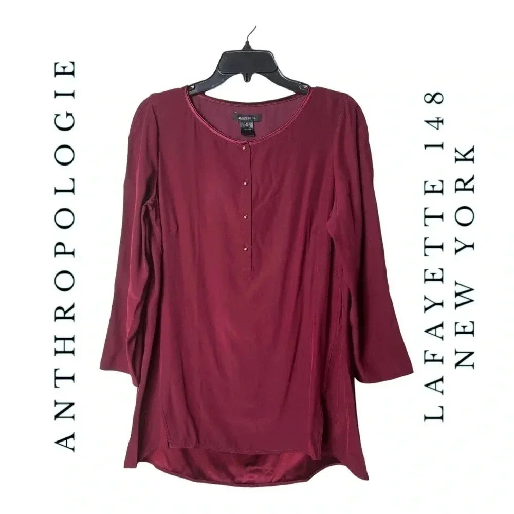 1340. ANTHROPOLOGIE LAFAYETTE 148 NEW‎ YORK 100% SILK LONG SLEEVE BLOUSE MAROON